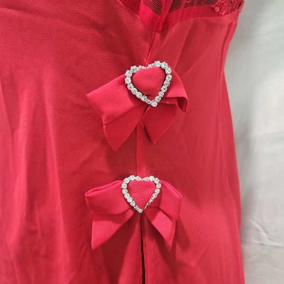 Frederick's Of Hollywood Y2K Rhinestone Heart Embroidered Red Lingerie Chemise - Picture 2 of 7